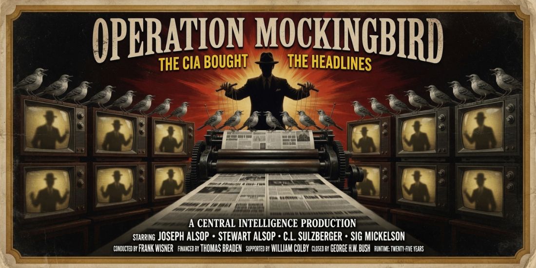 Operation Mockingbird movie poster showing a silhouetted man in a fedora controlling a newspaper printing press and rows of vintage televisions with strings attached to mockingbirds