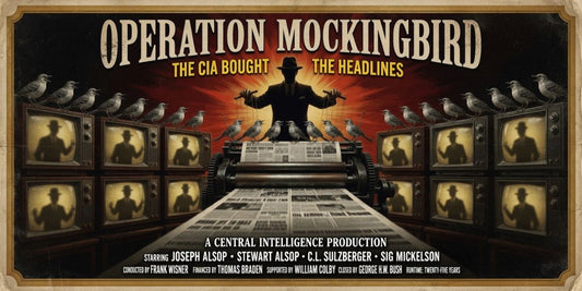 Operation Mockingbird movie poster showing a silhouetted man in a fedora controlling a newspaper printing press and rows of vintage televisions with strings attached to mockingbirds